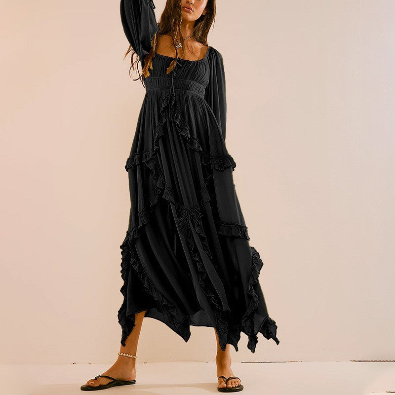 In the autumn of 2025, the new New 2025 U-neck ruffle edge lace splicing split fork gentle pendulum dress long dress