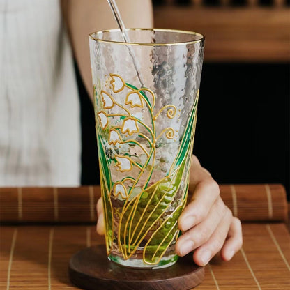 Hand-painted hammer crystal glass, home creative ins style, flower glass water cup, high-value women's gift