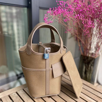 SEALBEER Hot trade new canvas vegetable basket bag SWIFT cowhide with canvas splicing vegetable basket bucket bag hand bag