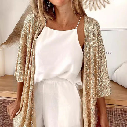 Independent station direct sales New Popular, 2025 and 2025 autumn new women's sequined plus size loose top solid color coat