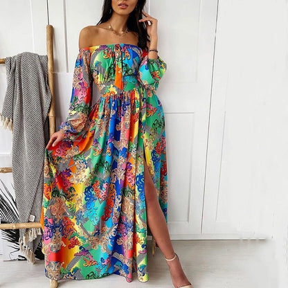 2025 New summer evening dress 2025 printed dress one-word shoulder pullover retro long-sleeved pendulum split long dress