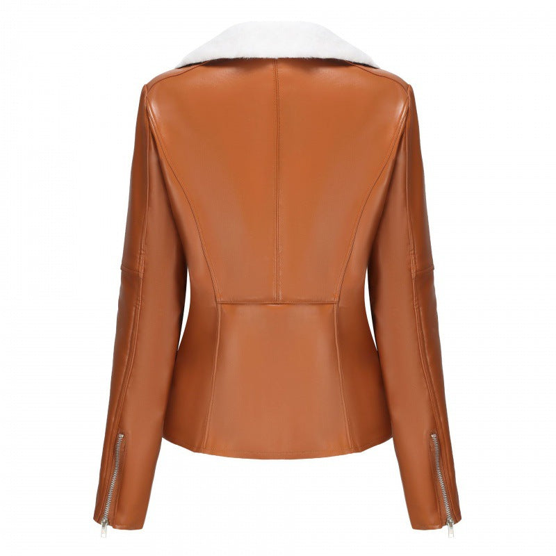 Autumn and winter new velvet leather jacket women's European size warm long-sleeved lapel jacket European and American commuter casual jacket