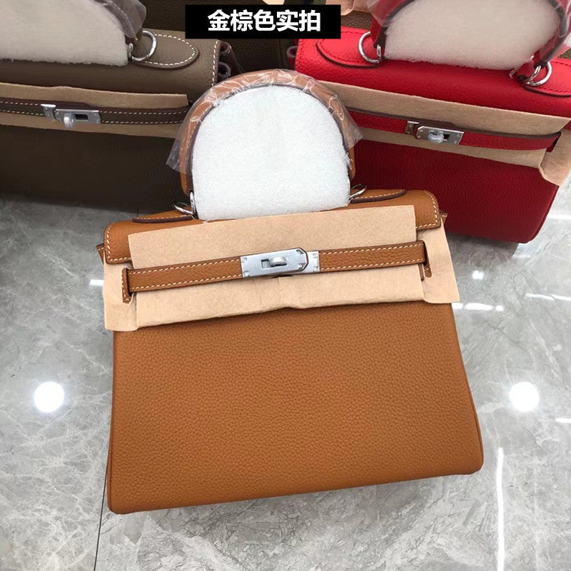 SEALBEER 2025 new Kelly bag lychee pattern first layer cowhide togo leather fashion single shoulder diagonal span portable lock small square bag