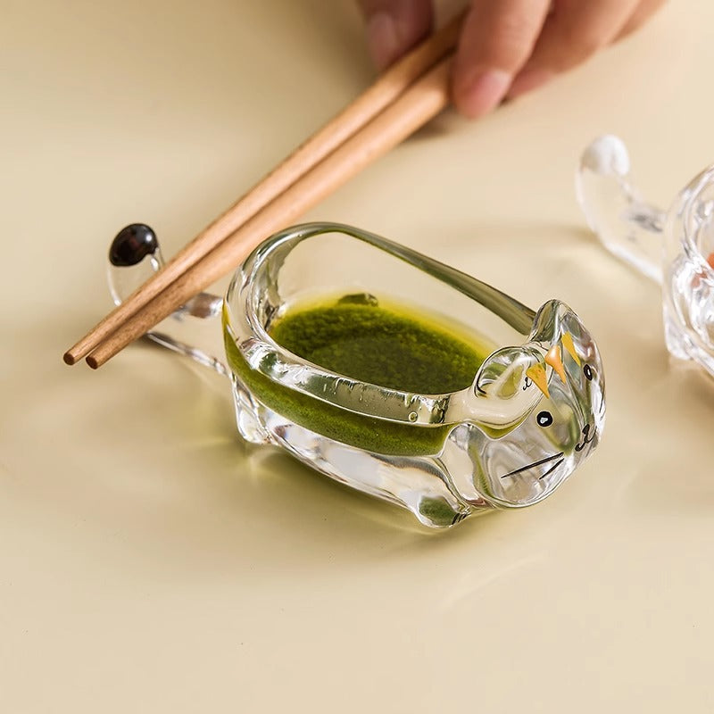 Cat crystal glass dipping saucer household exquisite cute small saucer high-end chopstick bracket vinegar saucer soy sauce saucer