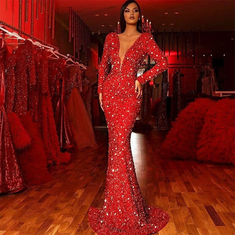 2025 New spring new 2025 women's hip-wrapped dress, red sequined long-sleeved v-neck dress with fish tail edge