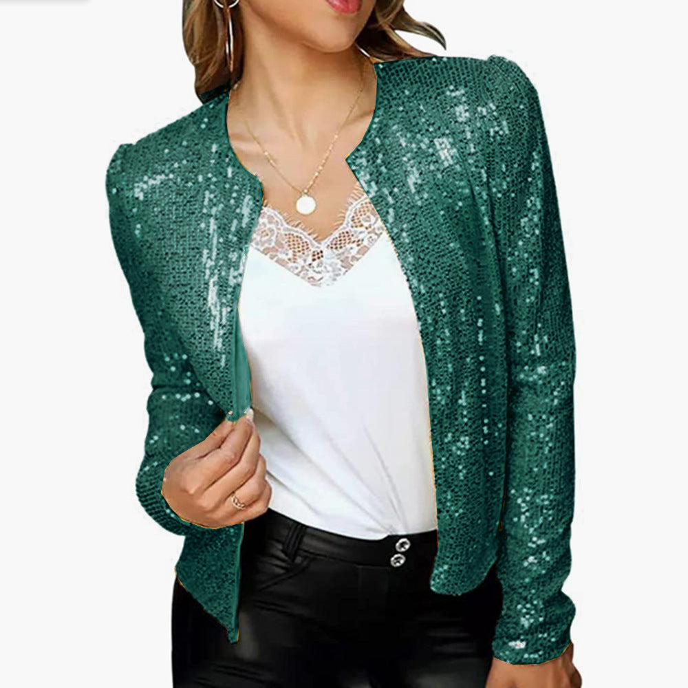 2025 New spring new 2025 women's clothing fashion stand-up collar color matching sequined jacket short casual versatile small coat