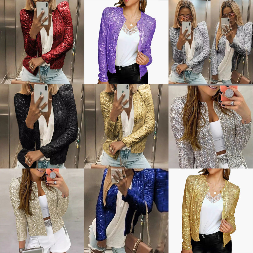 2025 New spring new 2025 women's clothing fashion stand-up collar color matching sequined jacket short casual versatile small coat