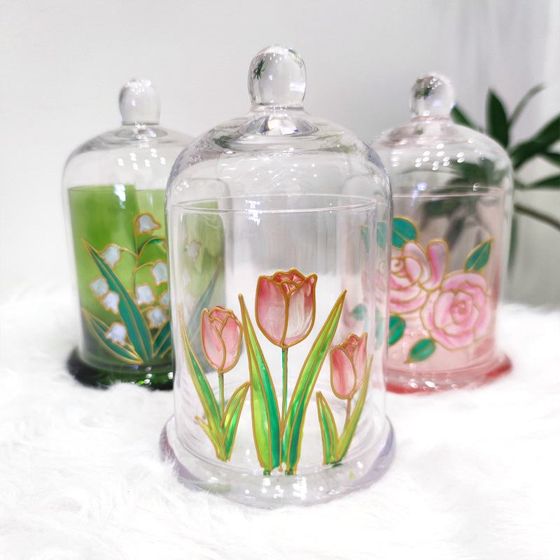 Flower crystal glass aromatherapy cover artificial hand-painted three-dimensional dried flower candle glass cover light luxury home ornament gifts