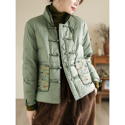 Ancient coffee clothing autumn and winter new products retro ethnic style buckle white duck down jacket literary stand-up collar warm jacket women