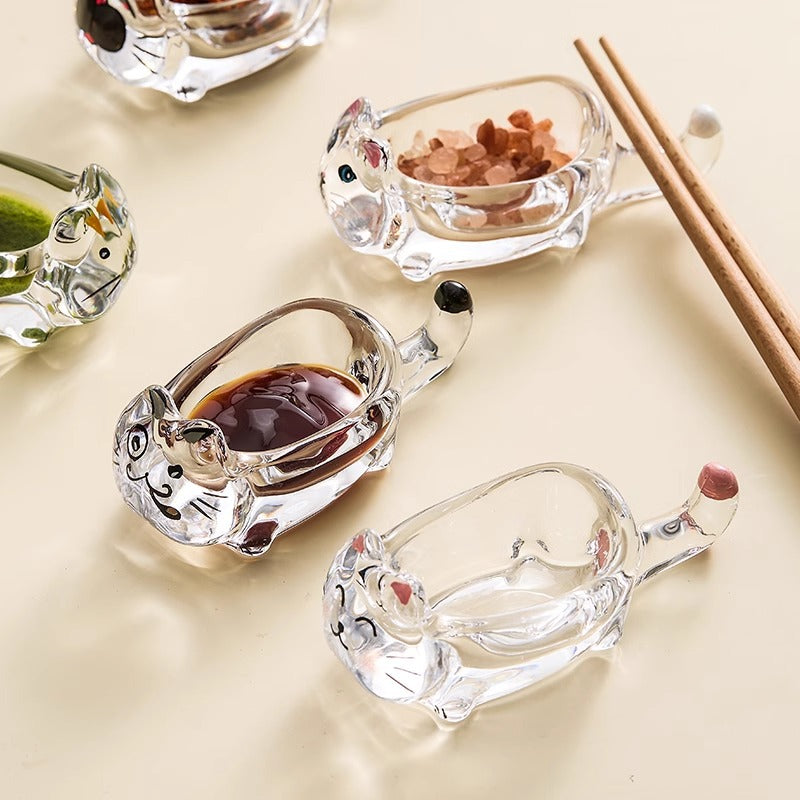 Cat crystal glass dipping saucer household exquisite cute small saucer high-end chopstick bracket vinegar saucer soy sauce saucer