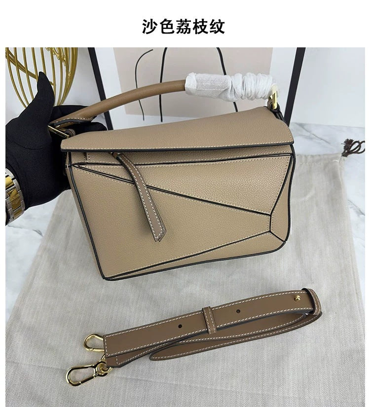 SEALBEER 2025 new geometric bag lychee pattern first layer cowhide fashion single shoulder oblique span portable leather pillow bag women's bag