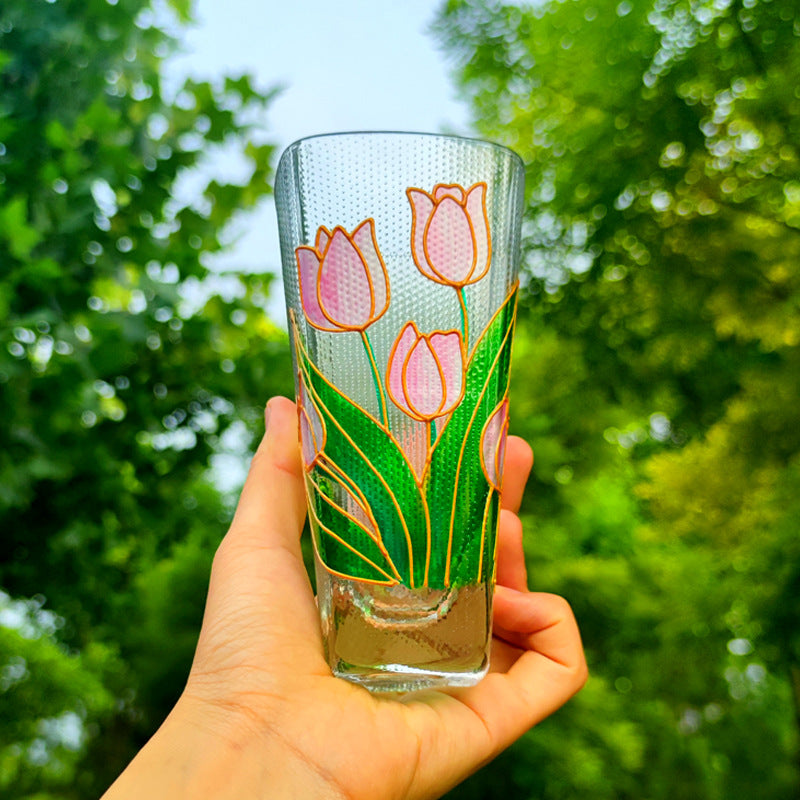 High value crystal glass lily of the valley female cup creative wine glass three-dimensional hand-painted flower juice milk cup wholesale