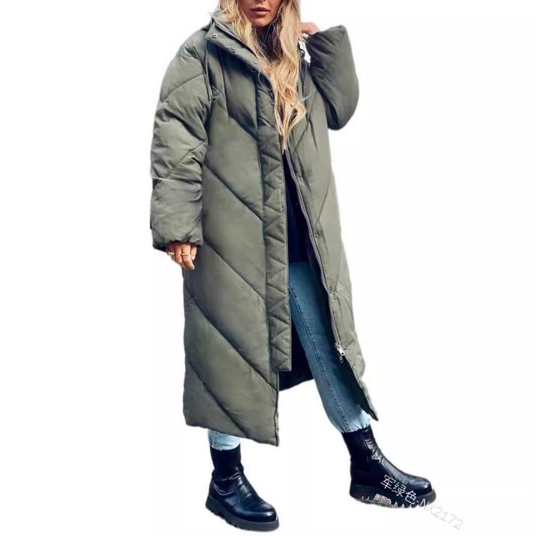 Cross-border Europe, America,  women's solid color hooded extended cotton-padded clothing fashion plaid zipper slim long-sleeved jacket