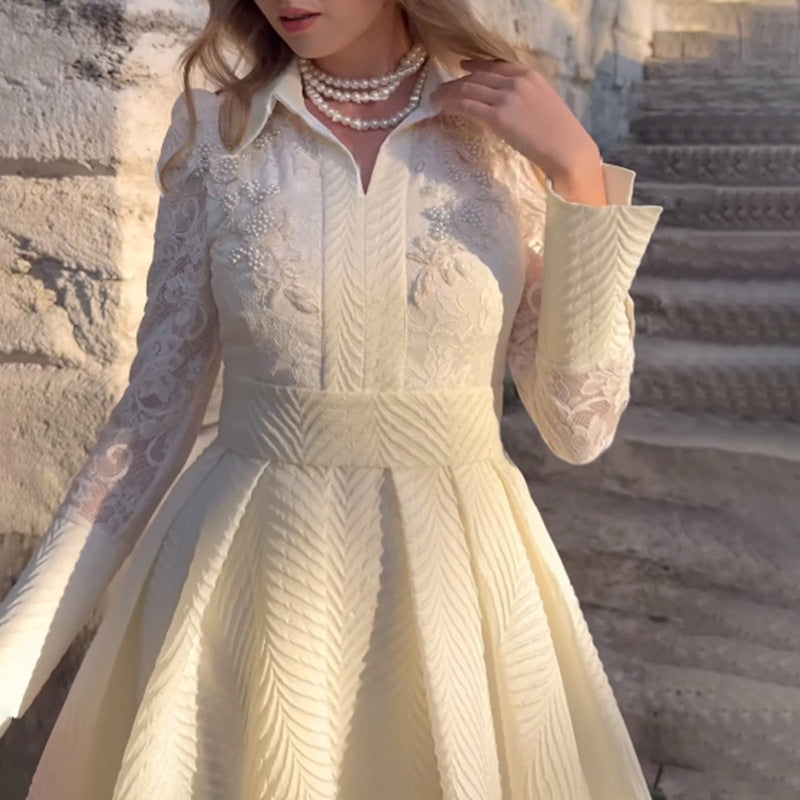 2025 new New 2025 white chest beaded lace yarn  retro long-sleeved fashion slim dress