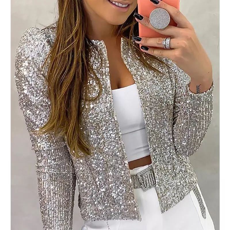 2025 New spring new 2025 women's clothing fashion stand-up collar color matching sequined jacket short casual versatile small coat