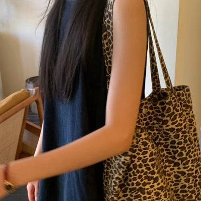 Korean Leopard Print Canvas Bag  New Large Capacity Leisure All-Matching Lazy Style Fashion Tote Bag Cloth Shoulder Bag