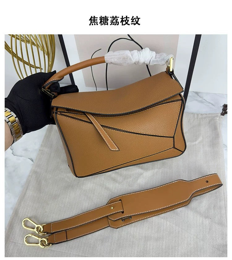 SEALBEER 2025 new geometric bag lychee pattern first layer cowhide fashion single shoulder oblique span portable leather pillow bag women's bag