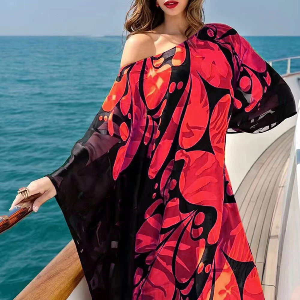 2025 New spring and summer new 2025 women's clothing slanted shoulder dress Bohemian dress printed loose off-the-shoulder dress