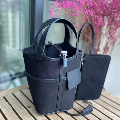 SEALBEER Hot trade new canvas vegetable basket bag SWIFT cowhide with canvas splicing vegetable basket bucket bag hand bag