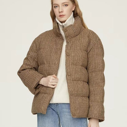 2024 new kimchi national goose down jacket wool fabric plaid stand-up neck silhouette women thickened snow patrol