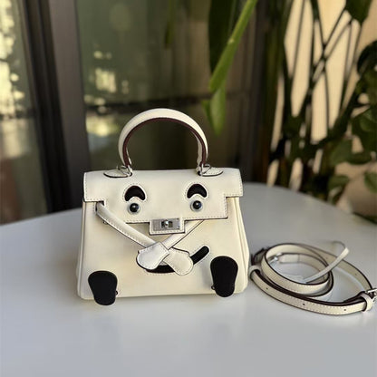 SEALBEER 2025 New niche design Kelly bag contrasting color mini first-layer cowhide doll bag single shoulder crossbody hand carrying smiley face bag