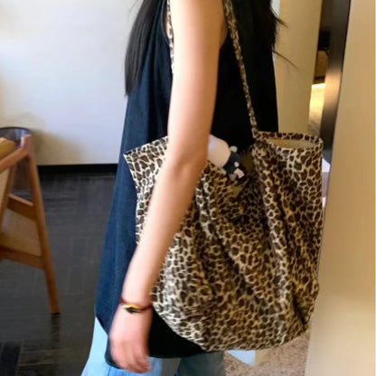 Korean Leopard Print Canvas Bag  New Large Capacity Leisure All-Matching Lazy Style Fashion Tote Bag Cloth Shoulder Bag