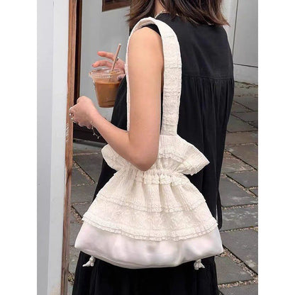 Canvas Bag Cream Lace Silk Pouch Closed Tote Bag Student Class Bag Commuter Bag Niche Drawstring Cloth Shoulder Bag