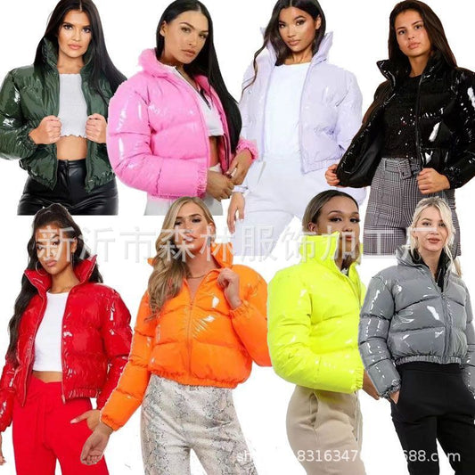 Cross-border European and American fashion women's clothing, autumn and winter solid color mirror large size leather cotton clothing, zipper jacket multi-color spot