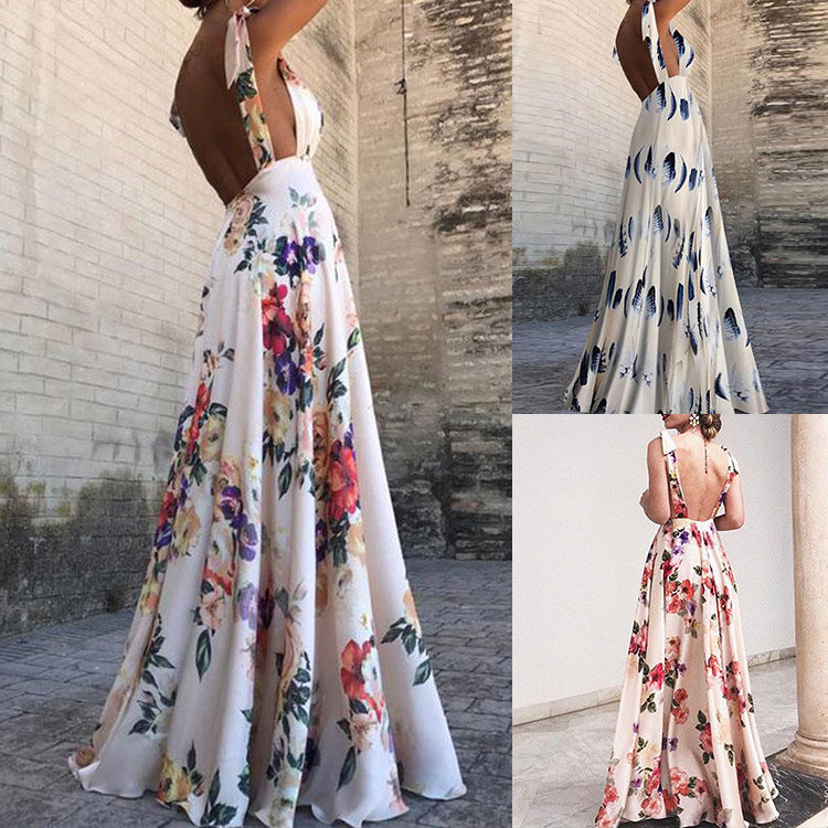 2025 New Spring and Summer  Cross-border Hot Trade Women's 2025 Leaky Back Printing Pendulum Sleeveless Suspender Dress