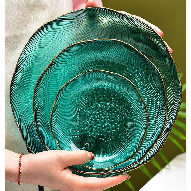 High-value emerald glass salad bowl fruit plate set, living room light luxury snack plate fruit plate crystal ornament