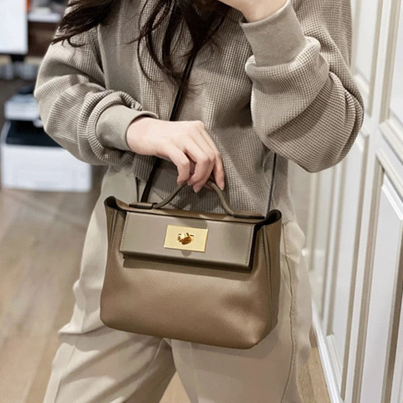 SEALBEER 2025 new Kelly dumpling bag fashionable single shoulder portable diagonal span lychee pattern first layer cowhide 2424 lock buckle women's bag