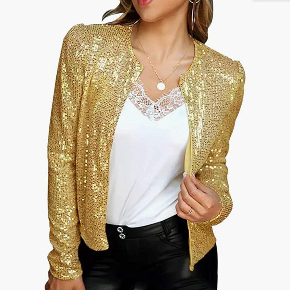 2025 New spring new 2025 women's clothing fashion stand-up collar color matching sequined jacket short casual versatile small coat