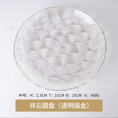 High value auspicious cloud pattern fruit plate household glass plate fruit plate flat plate Phnom Penh transparent salad bowl dessert plate