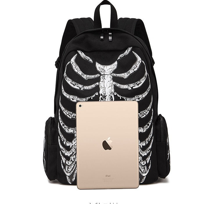 Halloween Skull Backpack New Printed Large Capacity Hooded Canvas Backpack Trendy Unique Middle School Student Schoolbag