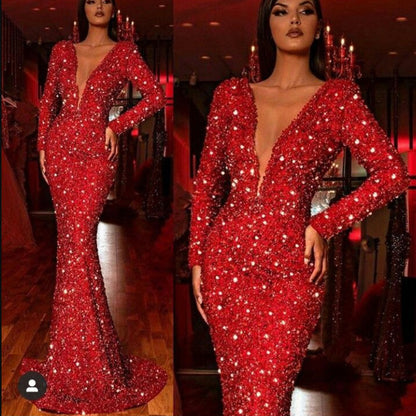 2025 New spring new 2025 women's hip-wrapped dress, red sequined long-sleeved v-neck dress with fish tail edge