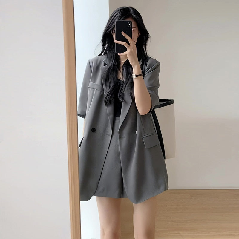 sealbeer  Summer Retro Korean Version of the Temperament Short-sleeved Suit Jacket + Shorts Set Casual Loose Suit Two-piece Female