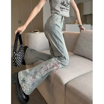 sealbeer Small Design With Straps And Mini Slacks, Retro High Waist Jeans For Female Xia Spicy Girls, Slim Straight Bell Pants, Autumn