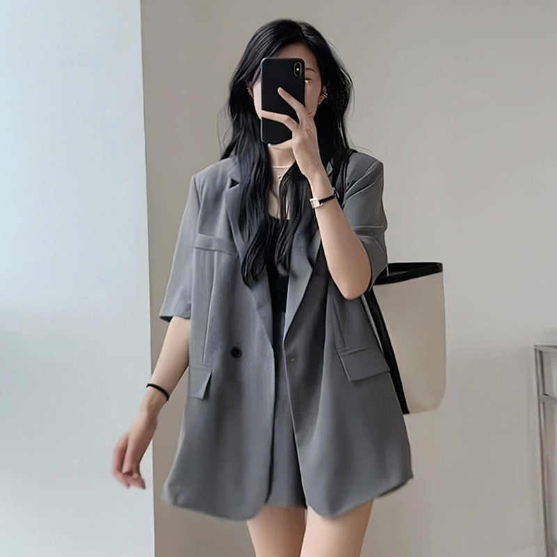 sealbeer  Summer Retro Korean Version of the Temperament Short-sleeved Suit Jacket + Shorts Set Casual Loose Suit Two-piece Female