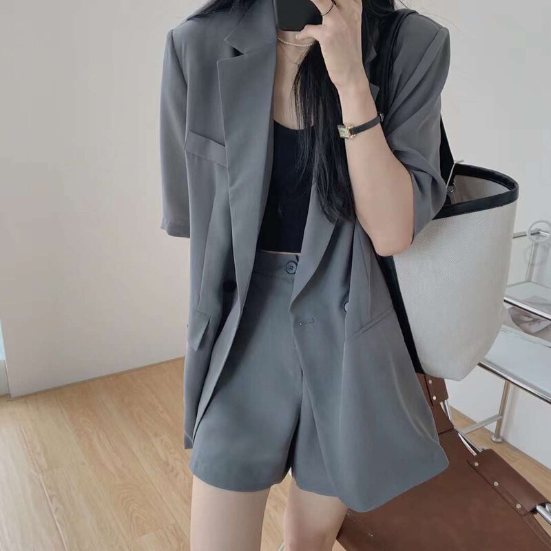 sealbeer  Summer Retro Korean Version of the Temperament Short-sleeved Suit Jacket + Shorts Set Casual Loose Suit Two-piece Female