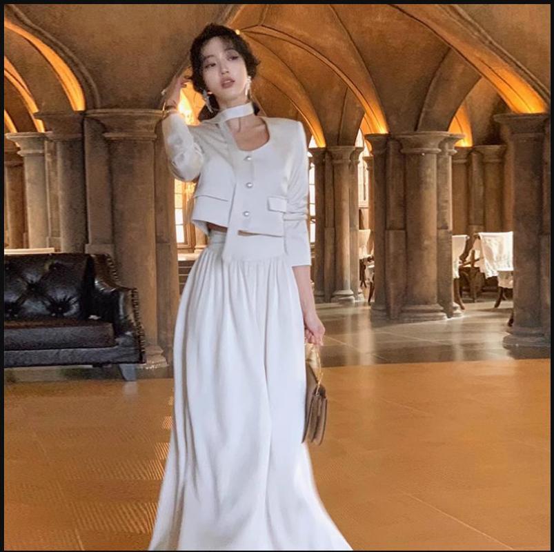 sealbeer French White Long Sleeve 2 Piece Set for Women Autumn New Elegant Fashion Short Top High Waist Long Skirt Suit Female Clothing