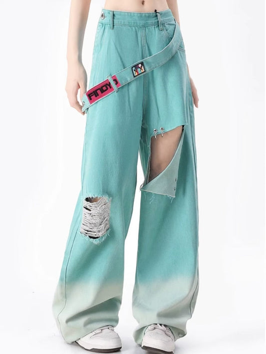 sealbeer Spring and Autumn Dopamine Leisure Network Red Fried Street Age Reducing Gradient Denim Wide Leg Pants Women's Jeans