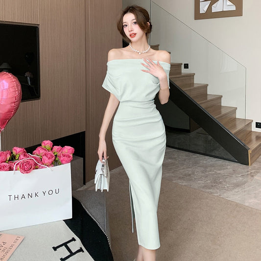 sealbeer French Temperament Celebrity Wind Sexy Strapless Oblique Collar Dress Female Spring and Summer Slim Open Package Hip Long Dress