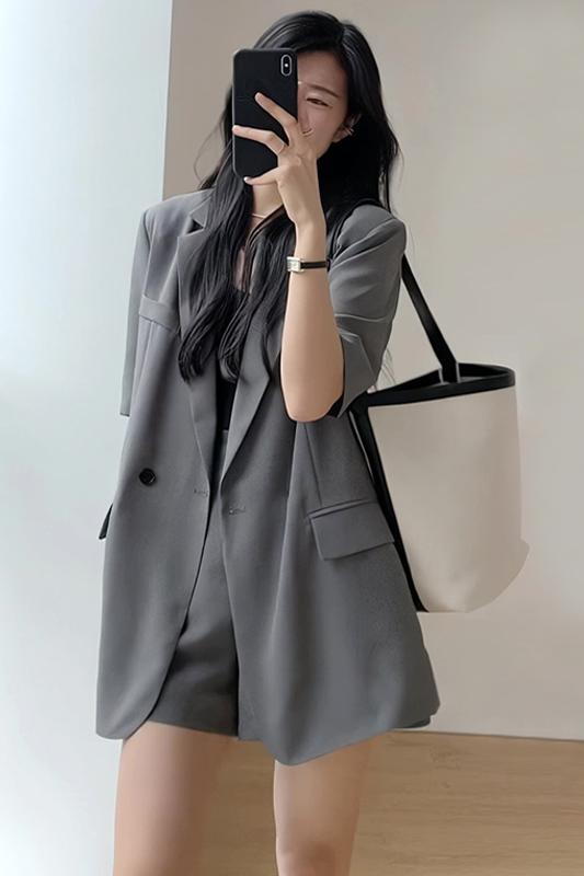 sealbeer  Summer Retro Korean Version of the Temperament Short-sleeved Suit Jacket + Shorts Set Casual Loose Suit Two-piece Female