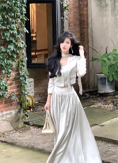 sealbeer French White Long Sleeve 2 Piece Set for Women Autumn New Elegant Fashion Short Top High Waist Long Skirt Suit Female Clothing