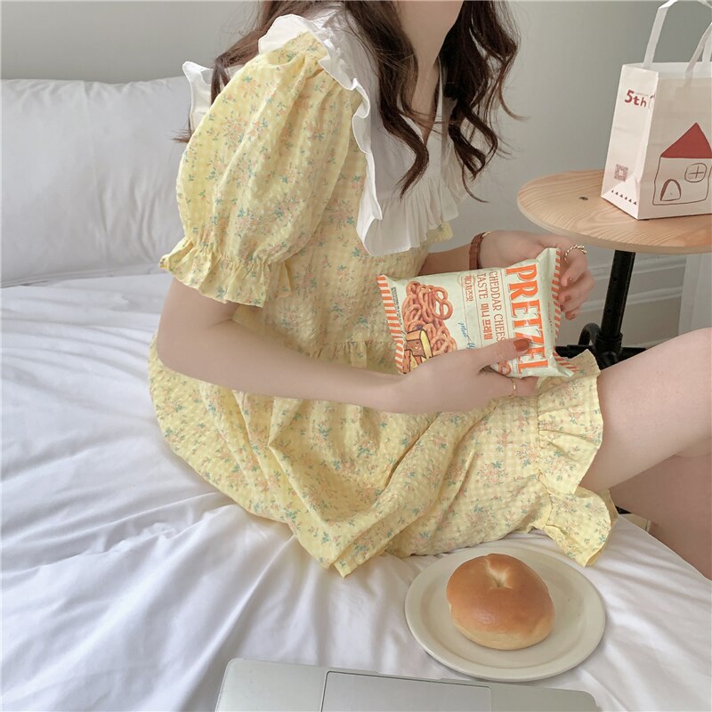 sealbeer Ruffles V-Neck Summer Pajamas Set Women Short Sleeve Sweet Blouse + Shorts Suit Cotton Sleepwear Flowers Plaid Homewear