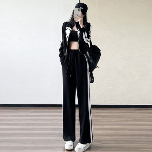 sealbeer  New Spring and Autumn Zipper Jacket High Waist Wide Leg Pants Two-piece Fashion Casual Loose Long-sleeved Sports Suit Women