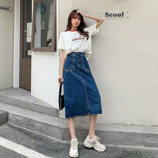 sealbeer  New Denim Skirt Women's Spring And Autumn Design Sense Mid-length High Waist Large Size Slim Embroidered Long Skirt