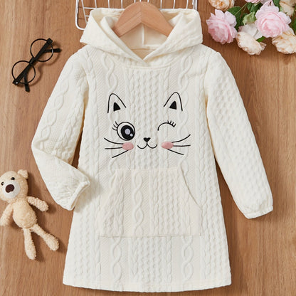 Cute Kitten Graphic Long Sleeve Hooded A-line Dress For Girls Spring Fall Winter Christmas Gift