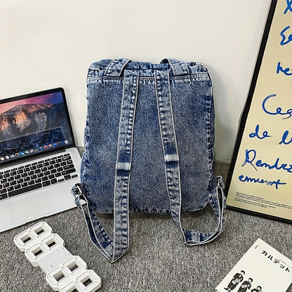 Chic Large-Capacity Denim Backpack - Stylish Zippered Rucksack with Durable Polyester Lining for Women