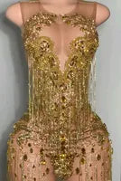 Sexy Gold Diamond Short Prom Dresses  Scoop Girl Cocktail Birthday Outfits See Through Vestido Gala Outfit